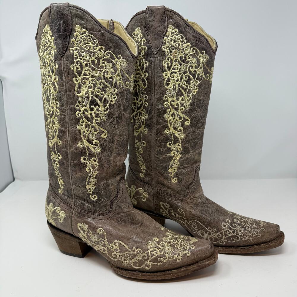 Corral Boots Women's 8.5 M Tan Bone Floral Embroidery Western Boot Rodeo Cowgirl - Picture 13 of 15